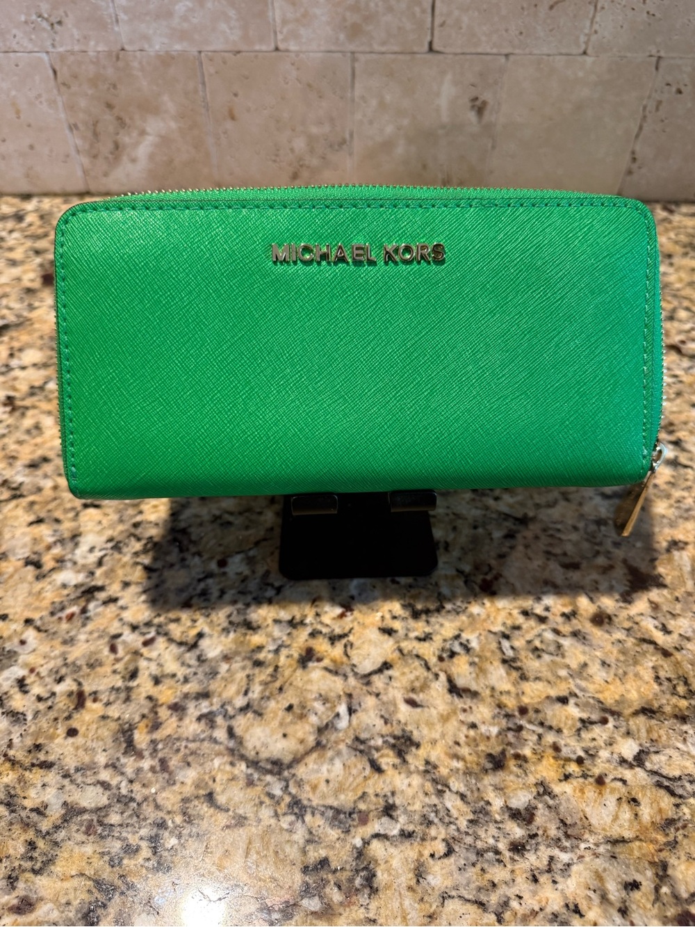 Michael Kors Palm Green Saffiano Zip Wallet with Gold Logo
